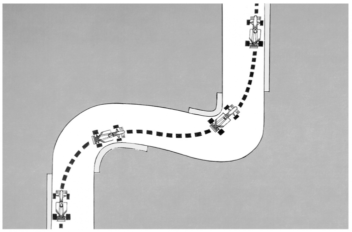 curva en s ampliando el angulo de salida. esto quiere decir que al salir de la curva la pista es mas ancha que al ingreso.